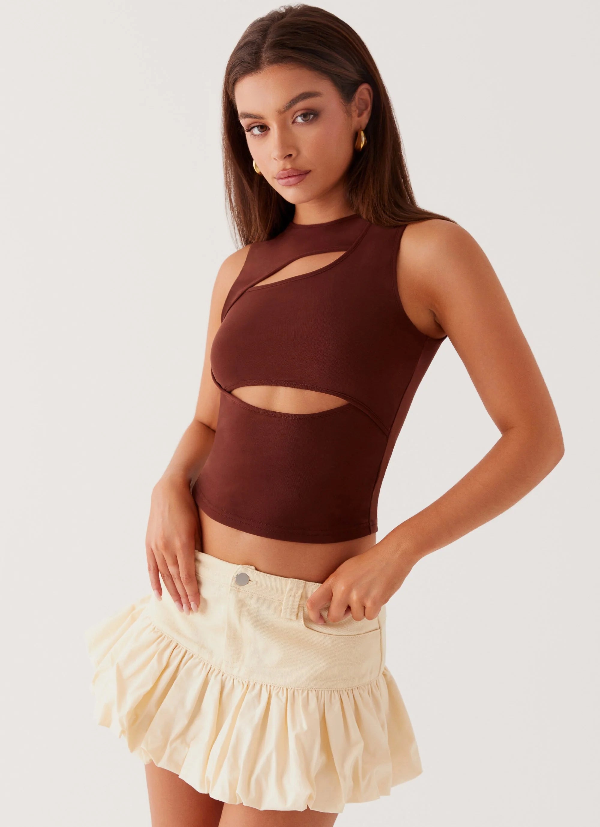 Beyond Cut Out Mesh Top - Chocolate