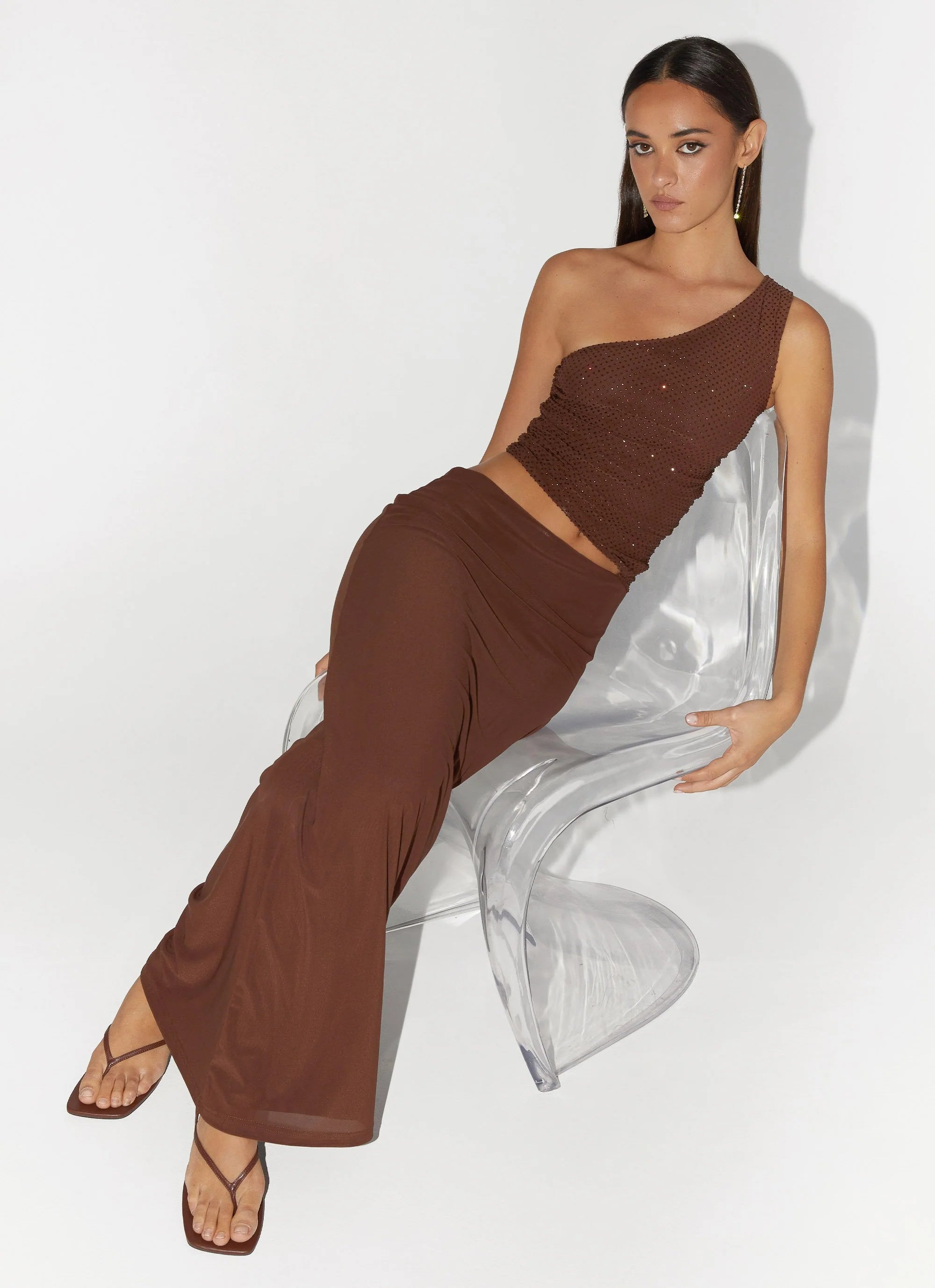 Seranella Sequin One Shoulder Maxi Dress - Chocolate