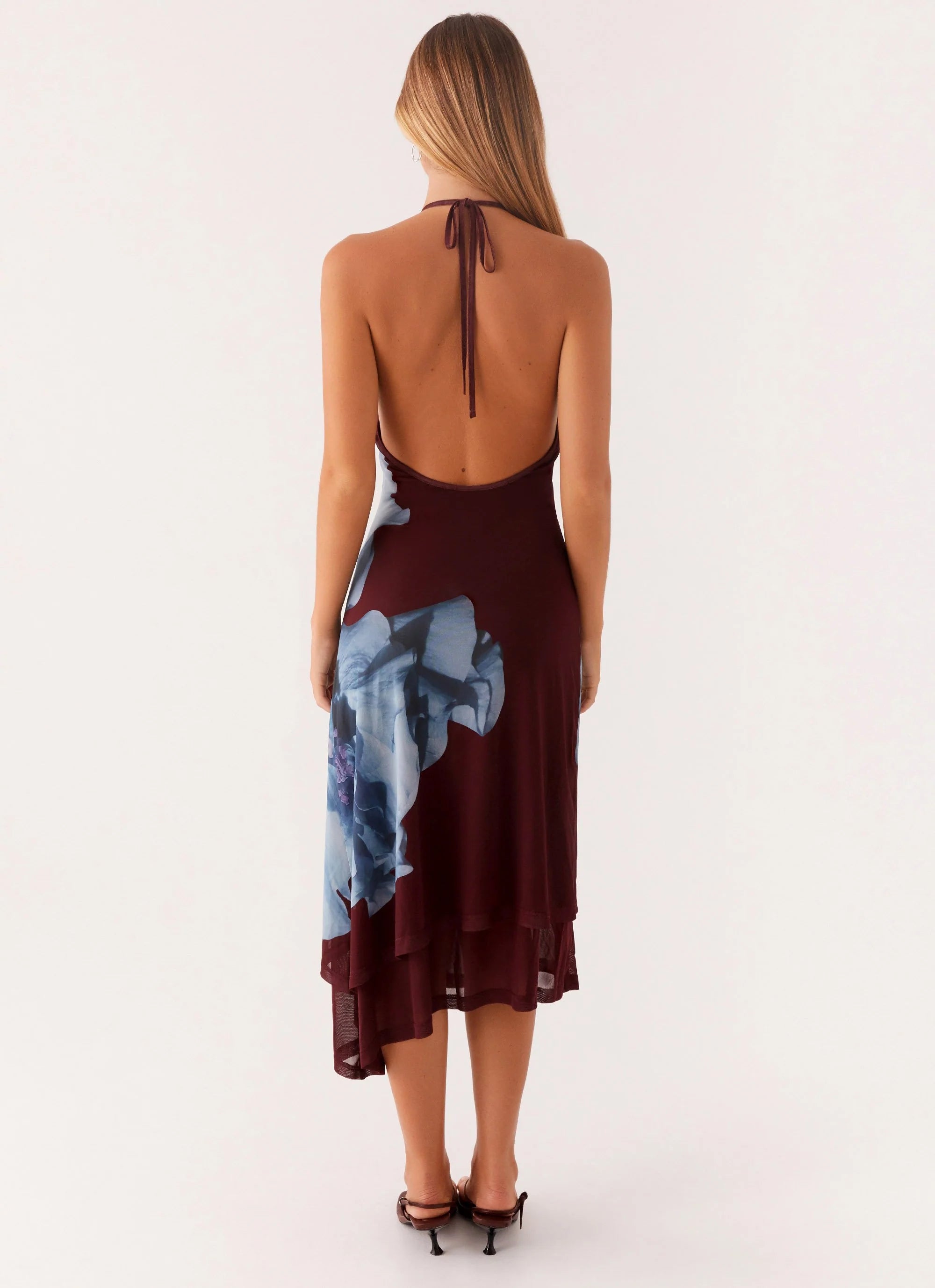 Brinley Halterneck Midi Dress - Maroon Print