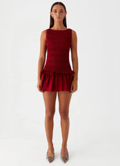 Garden Kisses Shirred Mini Dress - Maroon