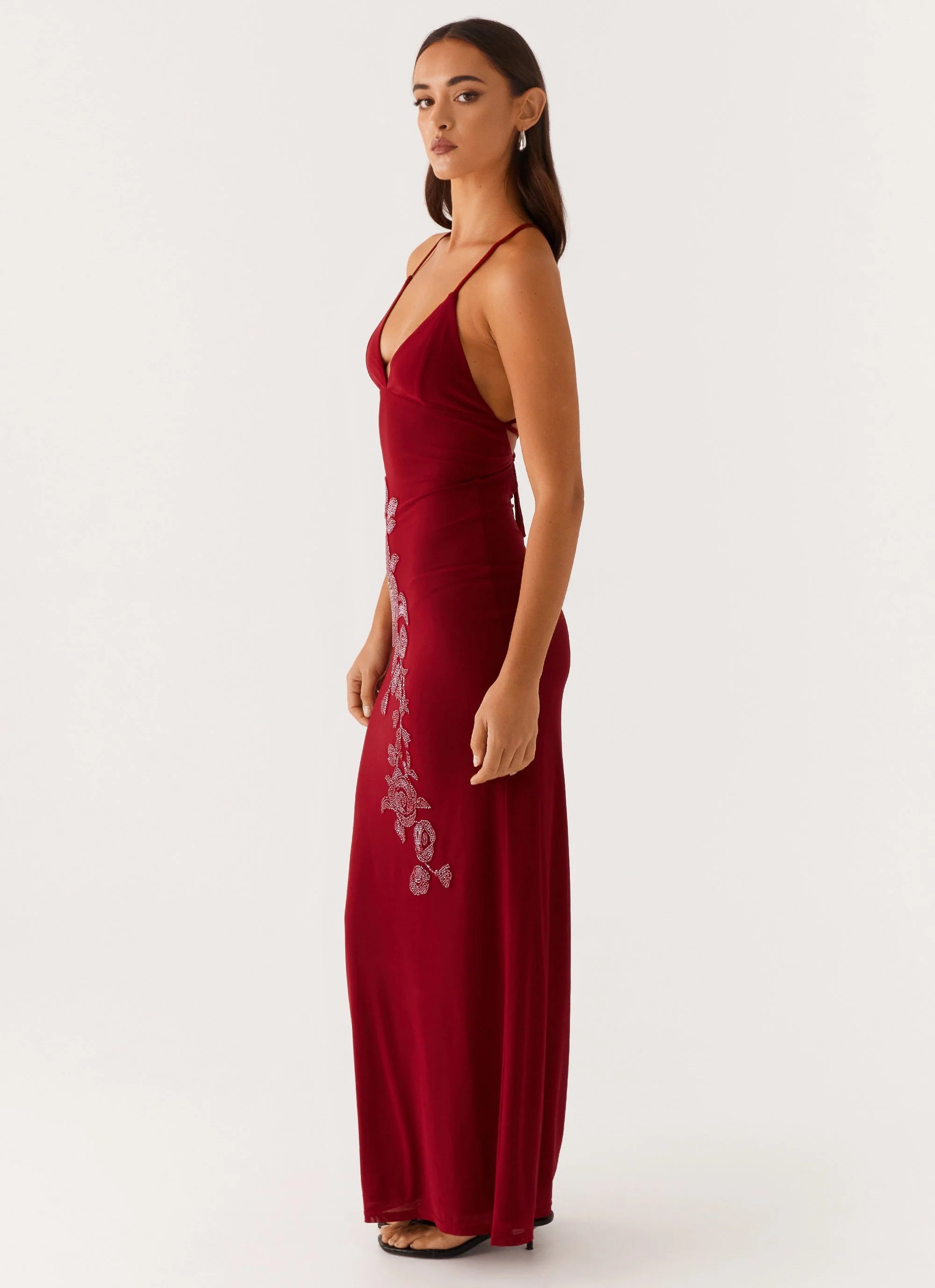 Beki Beaded Mesh Maxi Dress - Deep Red