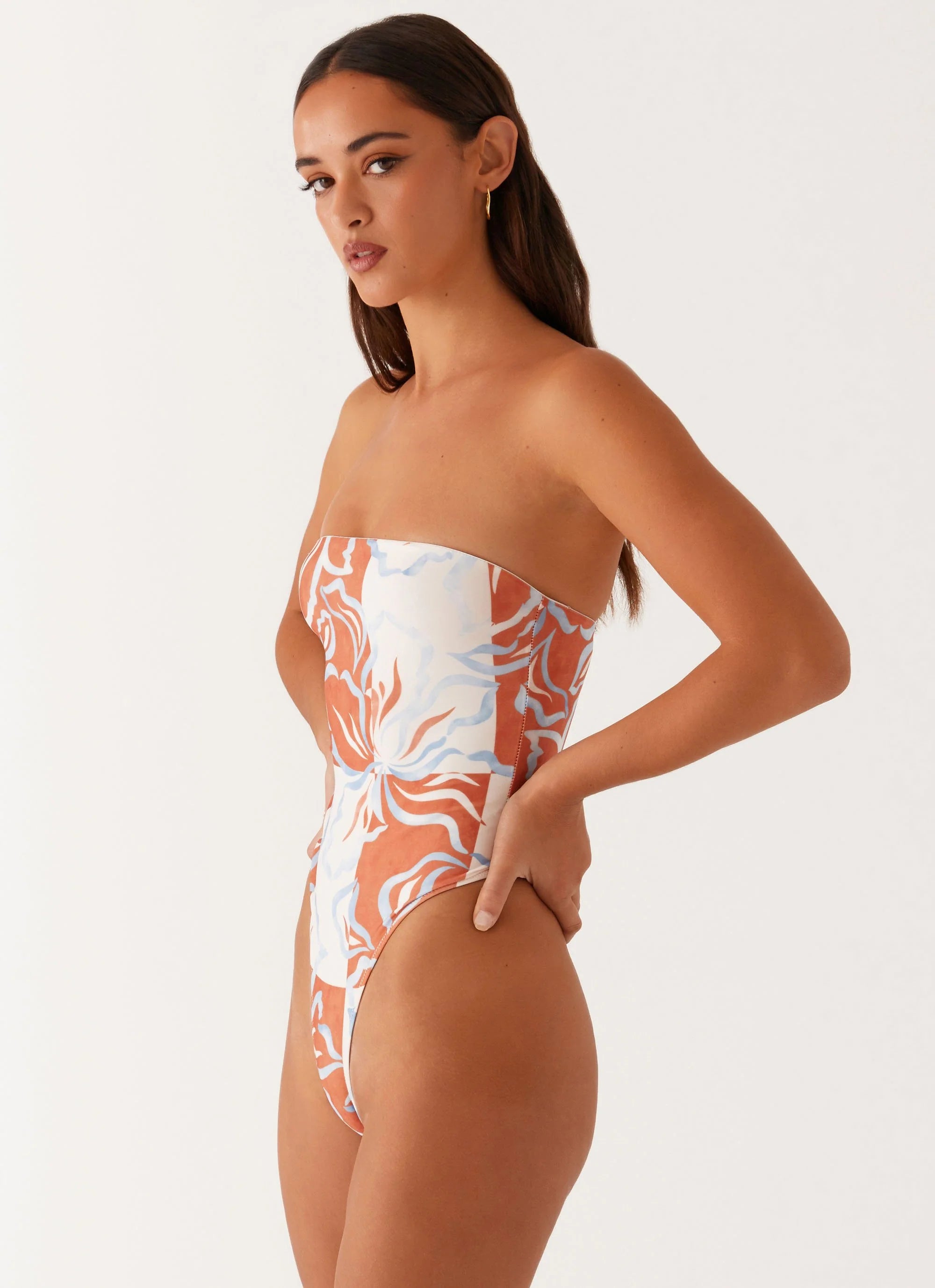 Maxine Strapless One Piece Swimsuit - Orange Blue Floral