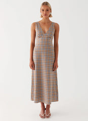 Daphny Gathered Bust Midi Dress - Check