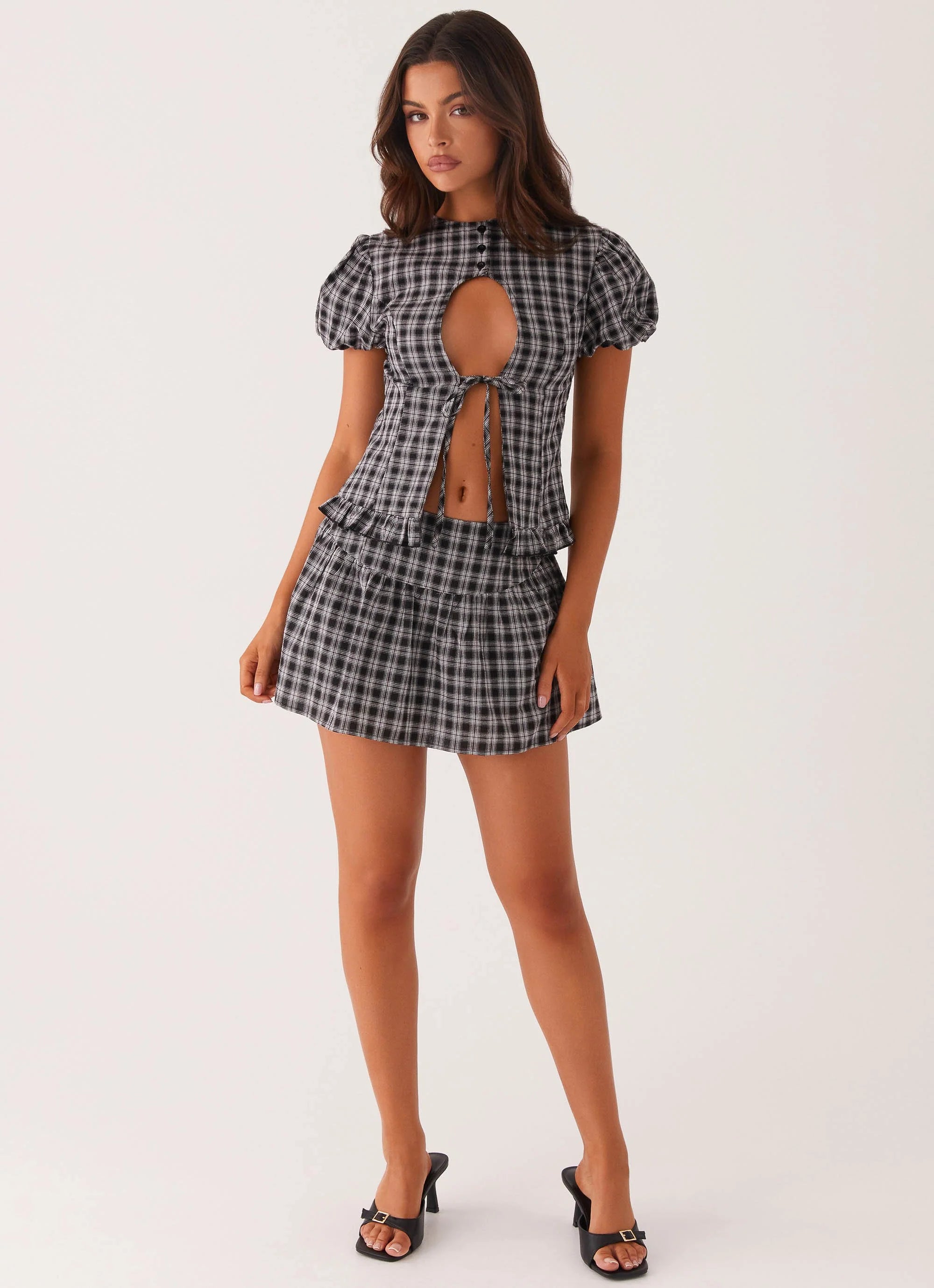 Annie Puff Sleeve Top - White Black Check