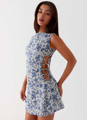 Indigo Bloom Linen Mini Dress - Blue Paisley