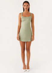 Odette Satin Mini Dress - Sage