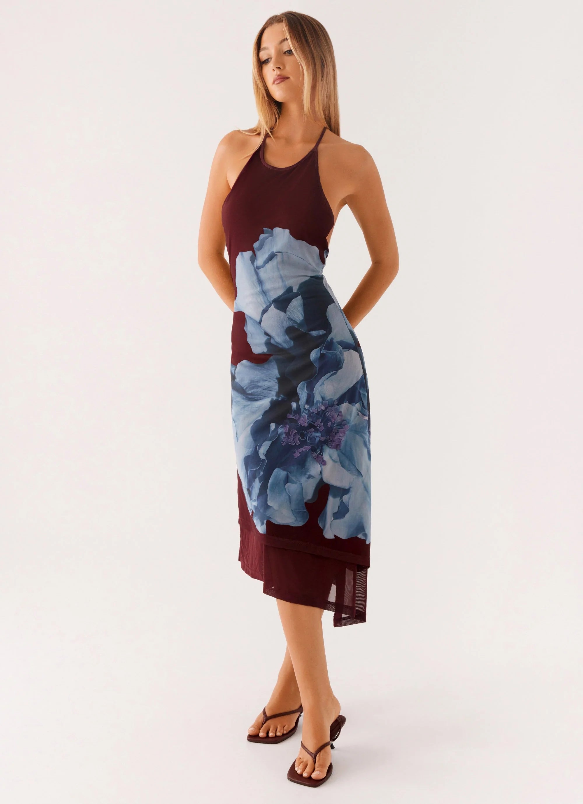 Brinley Halterneck Midi Dress - Maroon Print