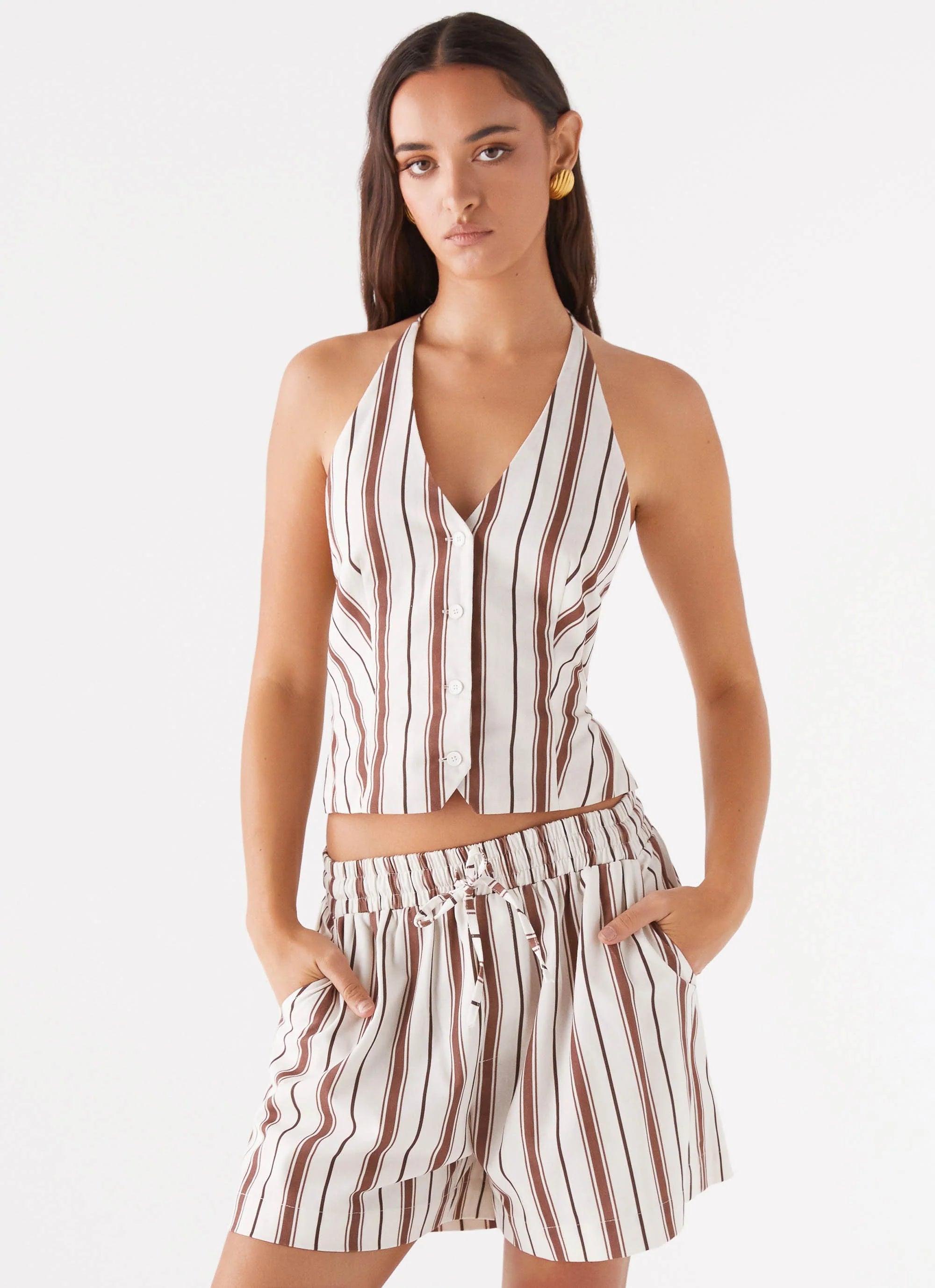 Ellie Linen Halterneck Vest Top - Brown Stripe