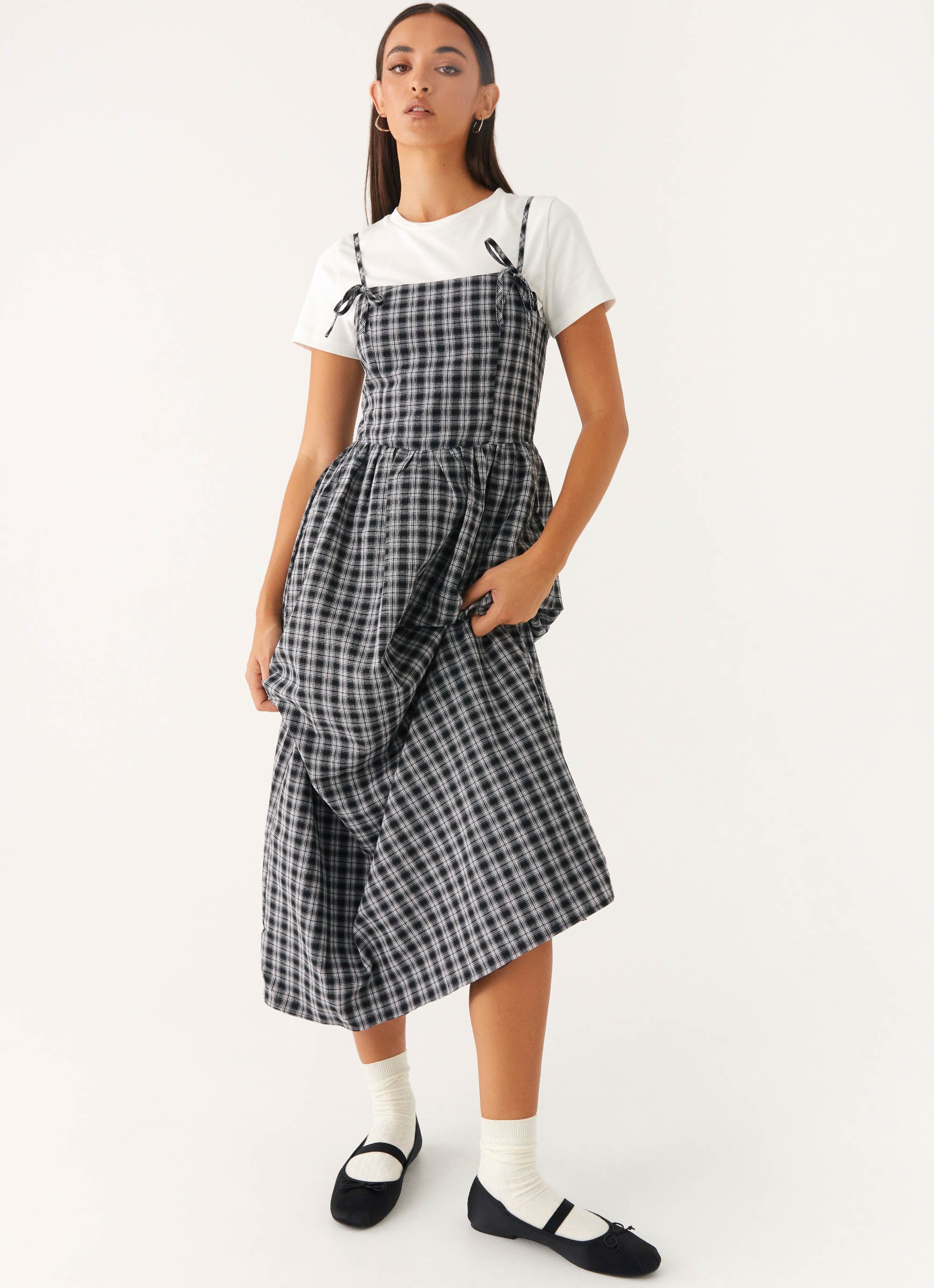 Ramsey Midi Dress - White Black Check