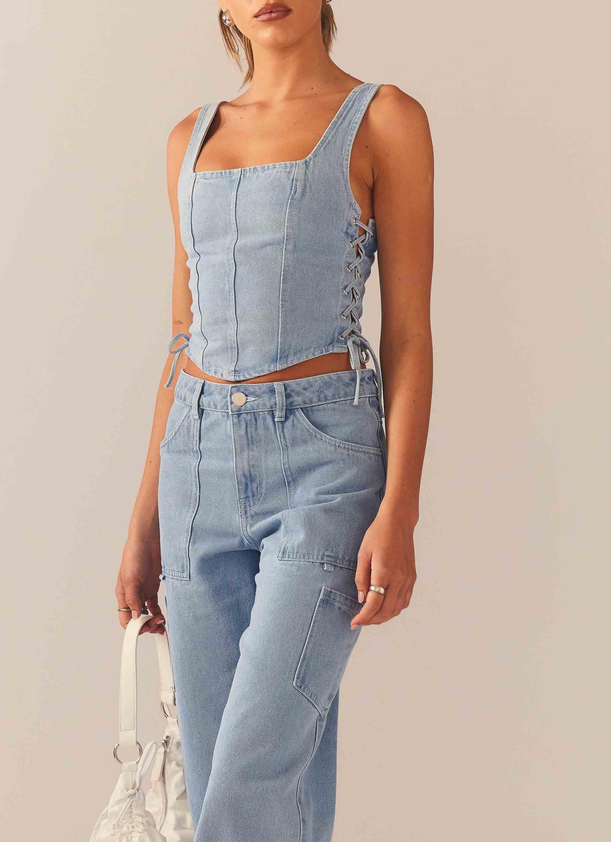 Giddy Up Denim Bustier Top - Subdued Blue