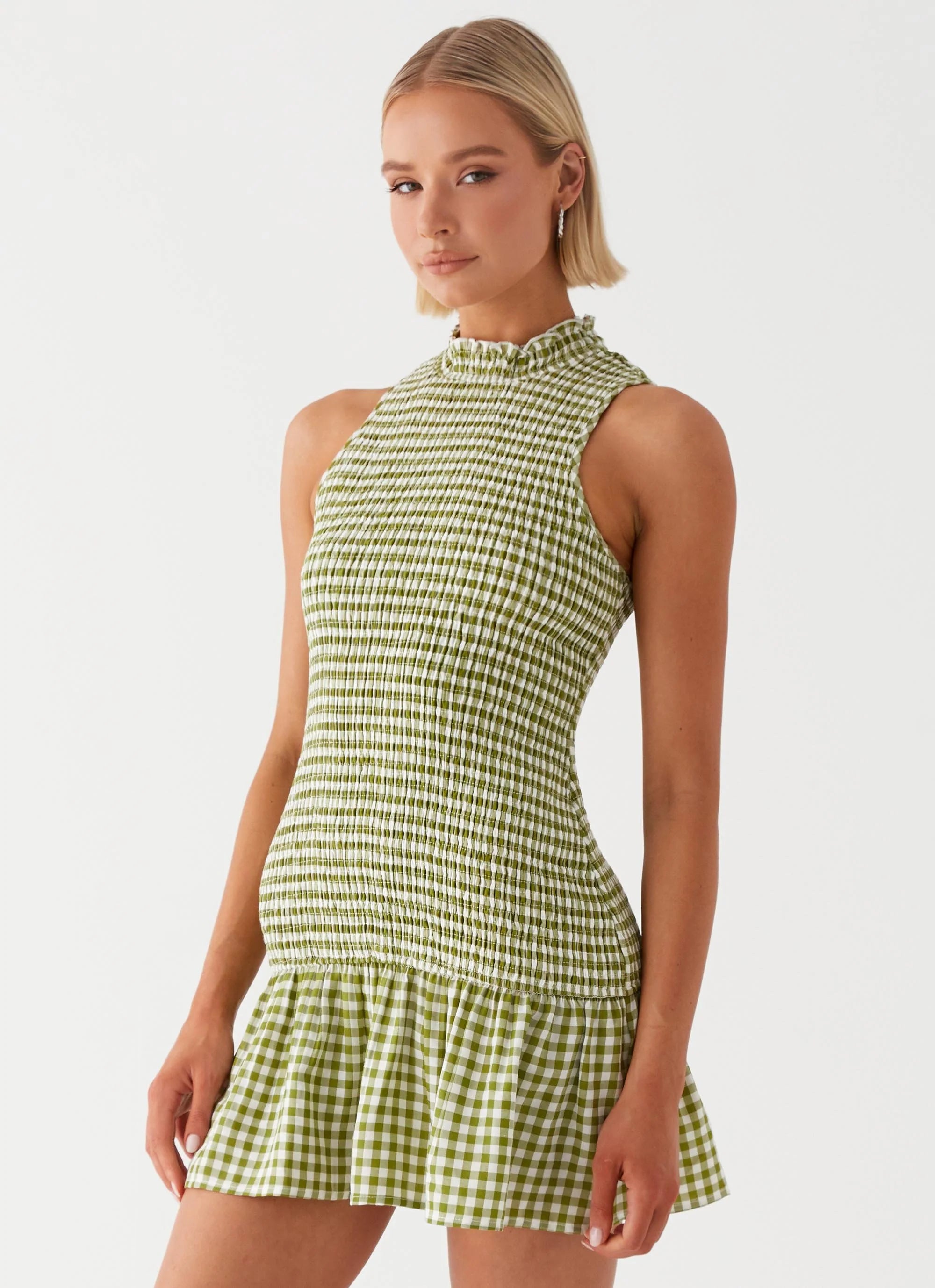 Cassie shirred Mini Dress - Khaki Gingham