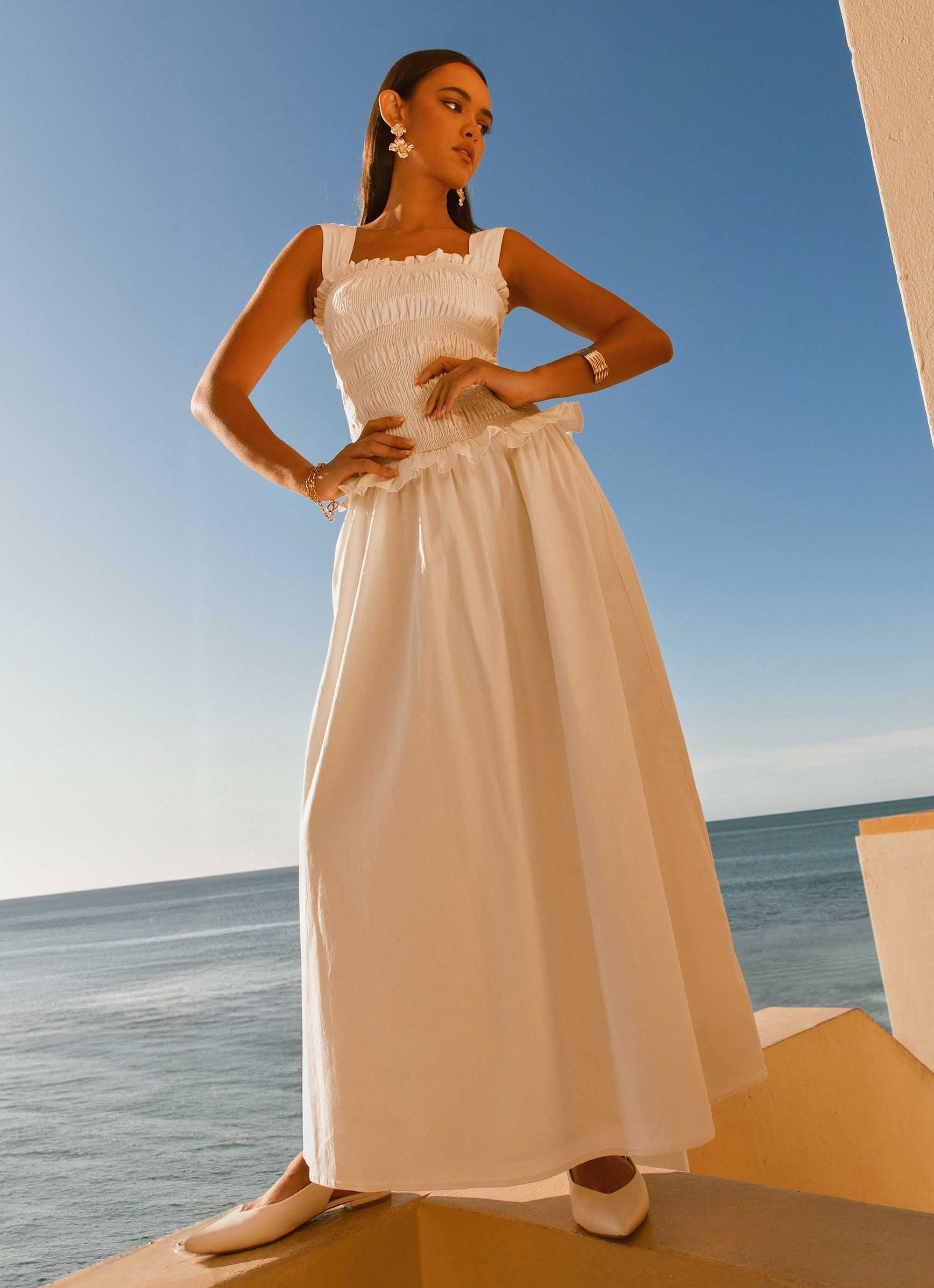 Deana Shirred Maxi Dress - White