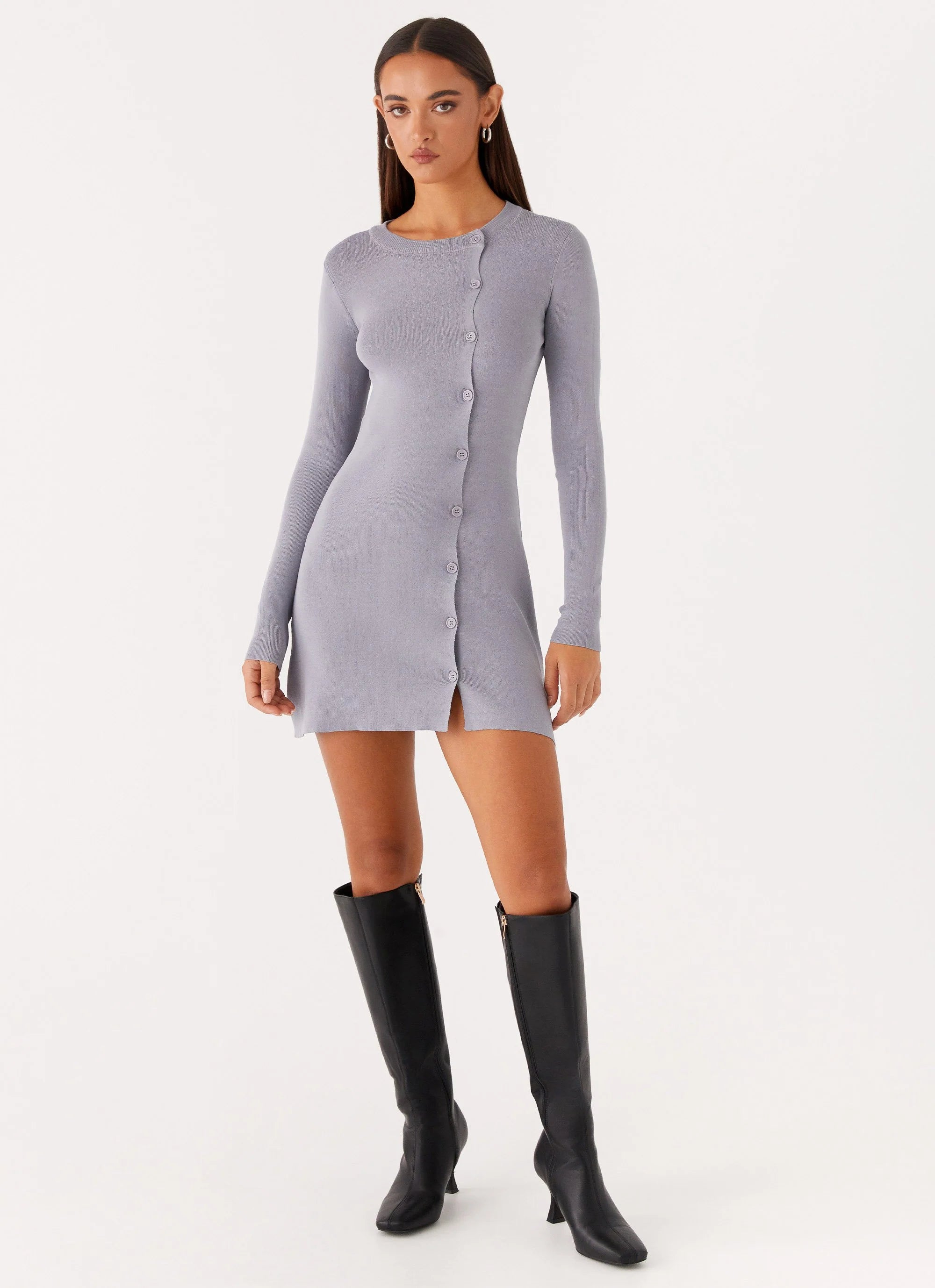 Not One Time Long Sleeve Knit Mini Dress - Grey