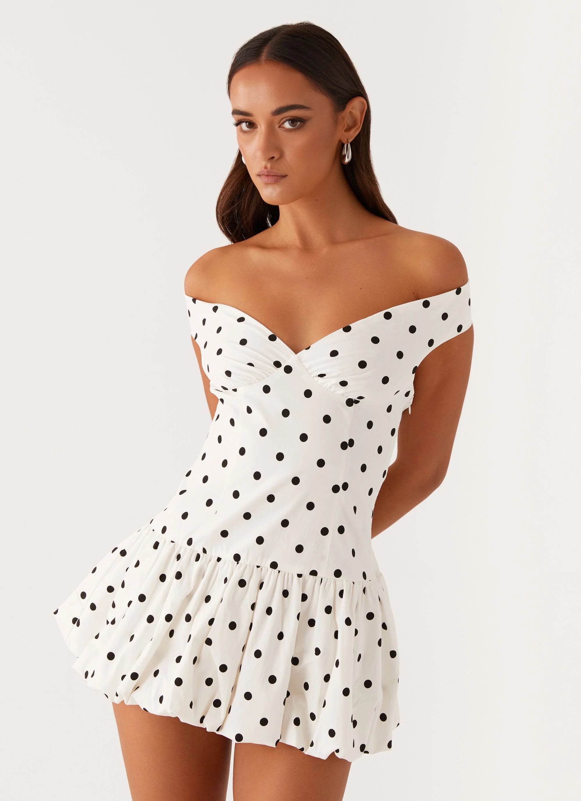 Endless Romance Off Shoulder Mini Dress - White Polka Dot