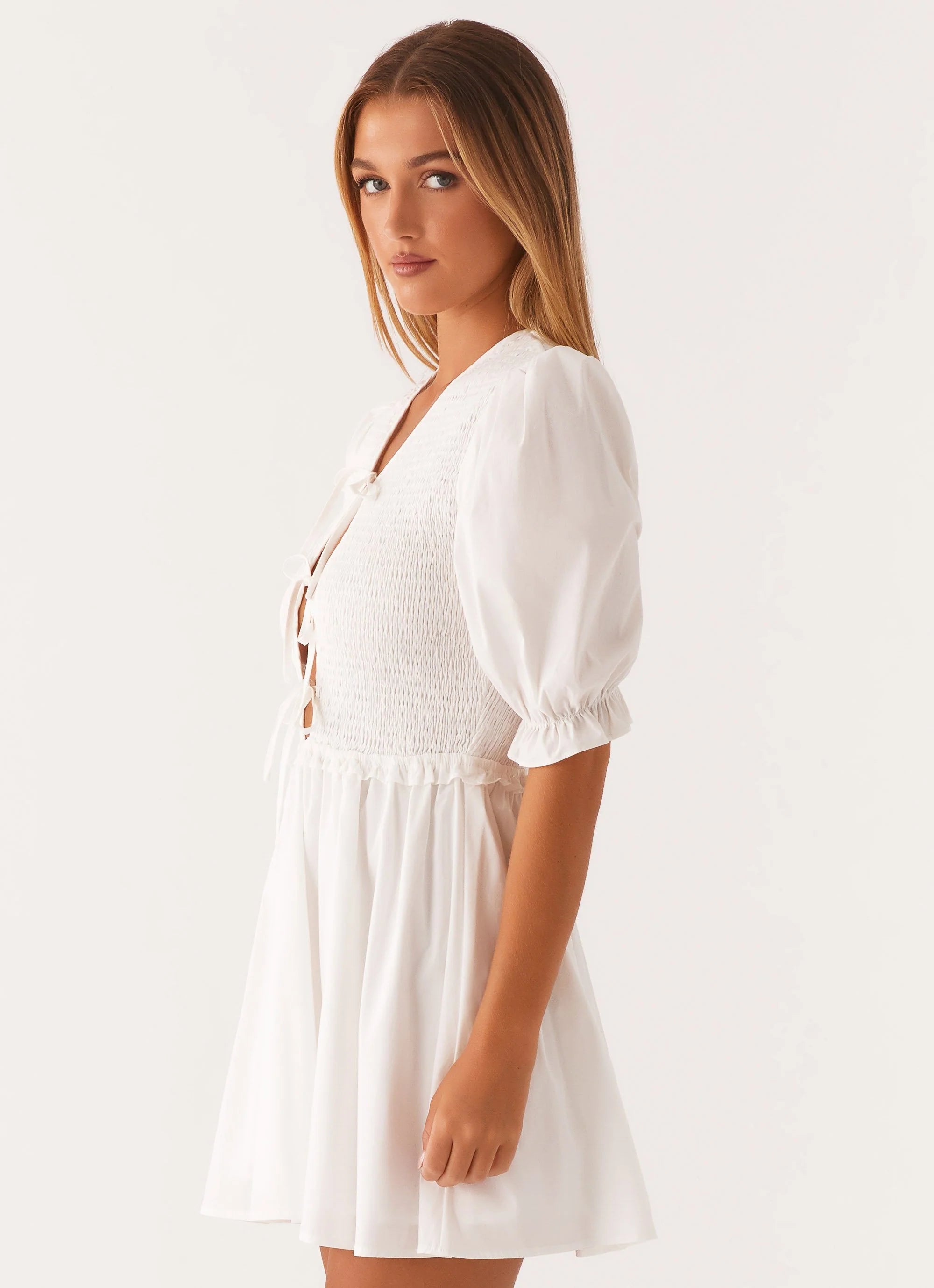 Milana Shirred Puff Sleeve Mini Dress - White