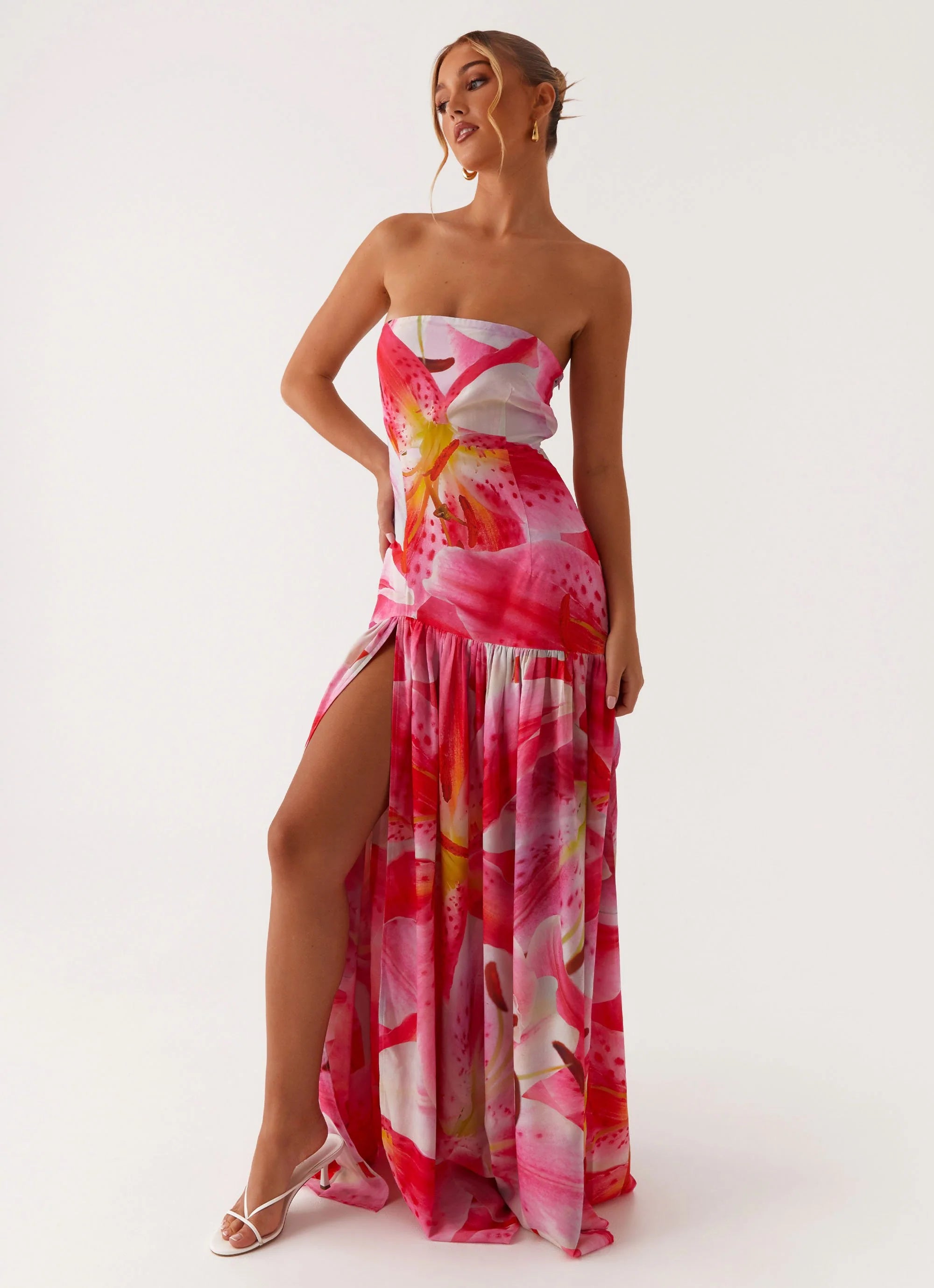 Eden Strapless Maxi Dress - White Pink Lilly