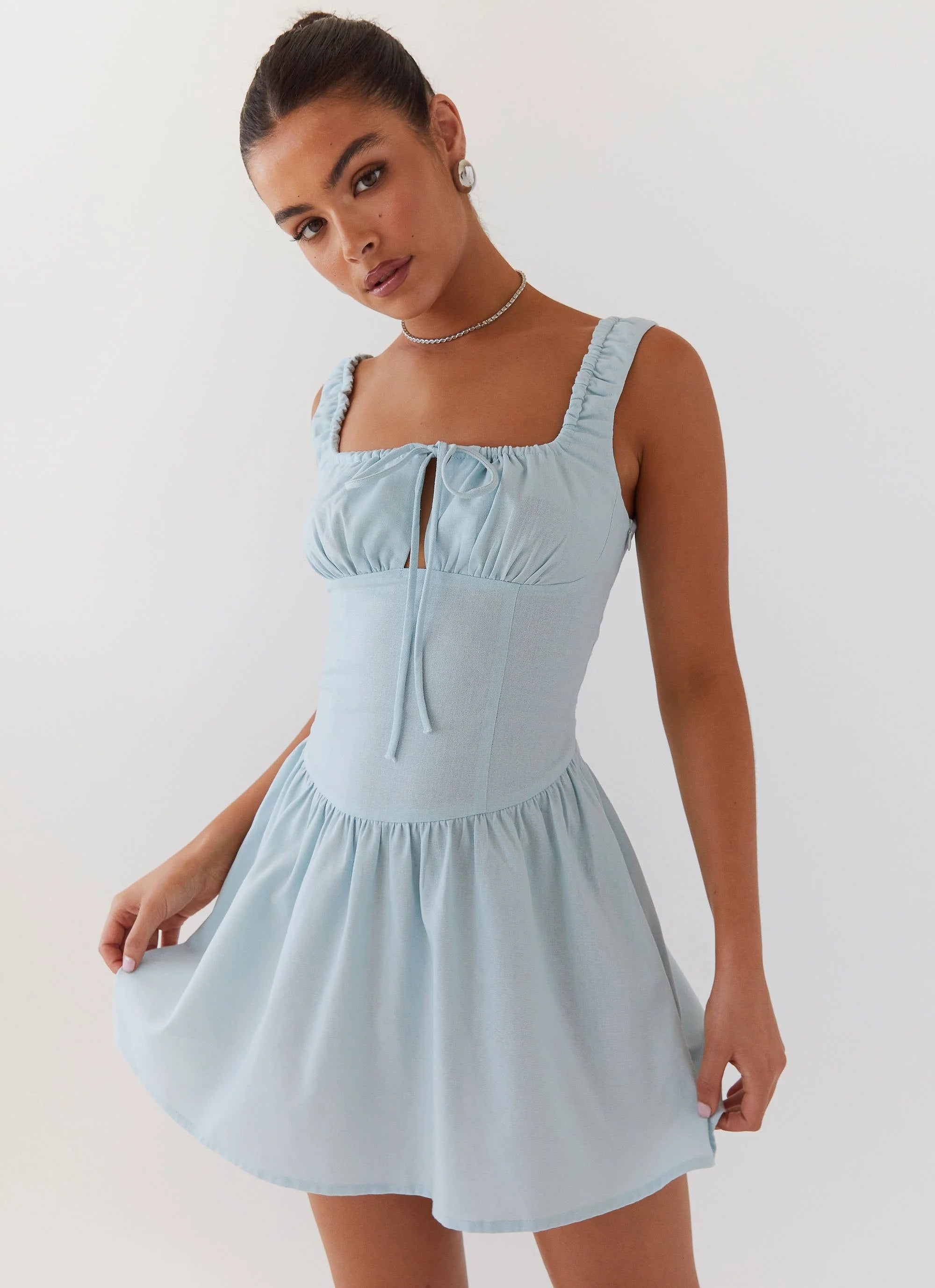 Velvet Skies Linen Mini Dress - Powder Blue