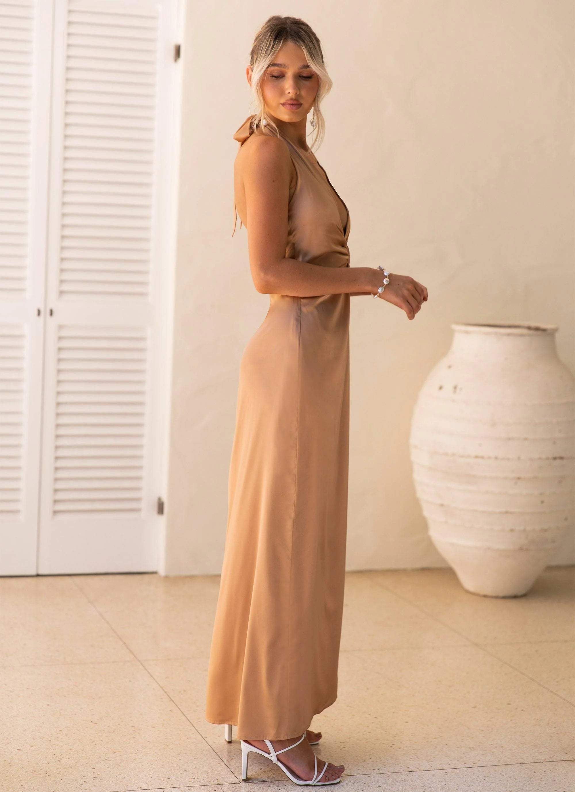 Stay Close Satin Maxi Dress - Bronze Honey