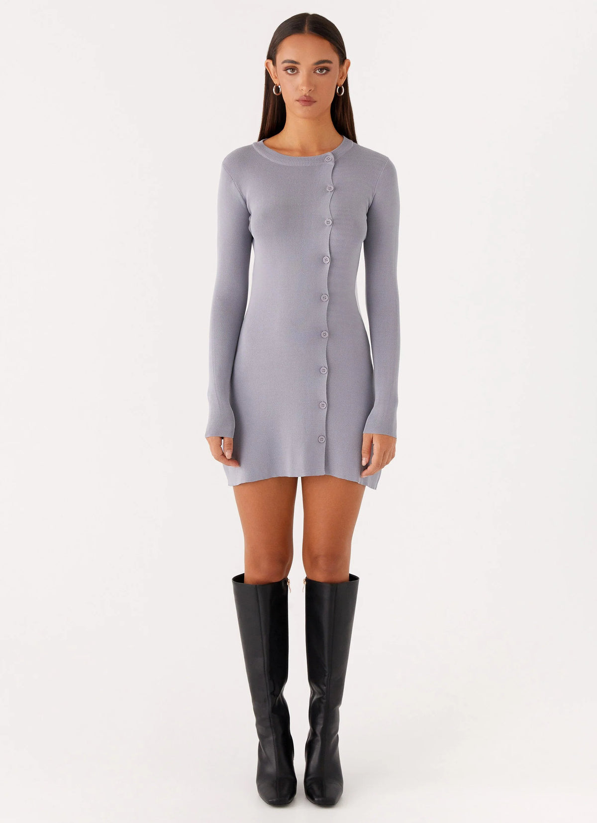 Not One Time Long Sleeve Knit Mini Dress - Grey