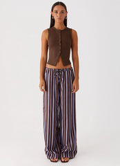 Fresh Face Linen Pants - Purple Brown Stripe