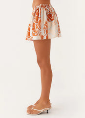 Athena Drawstring Mini Skirt - Orange Blue Floral