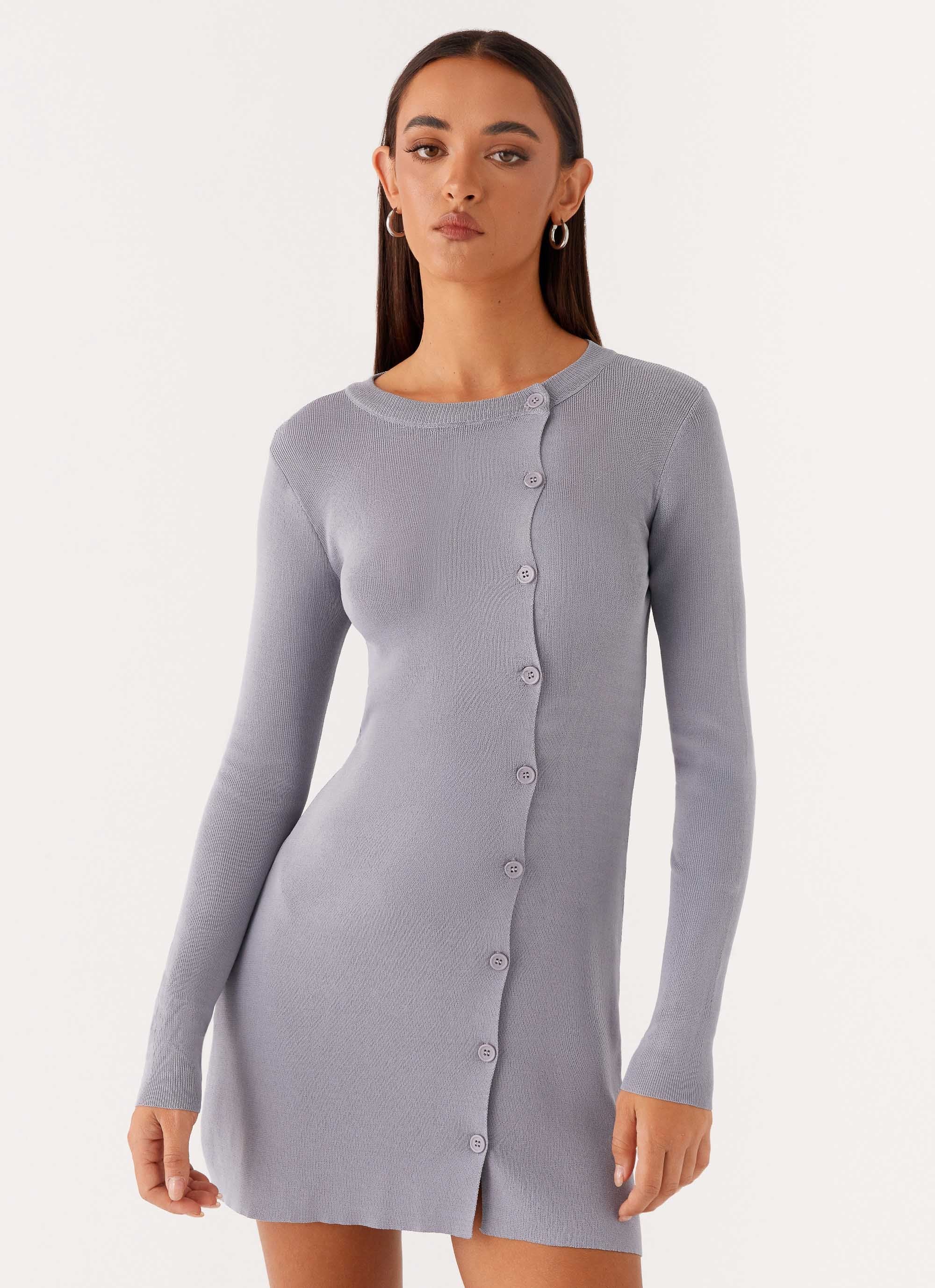 Not One Time Long Sleeve Knit Mini Dress - Grey