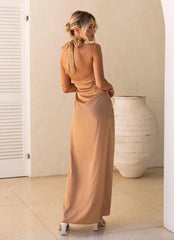 Stay Close Satin Maxi Dress - Bronze Honey