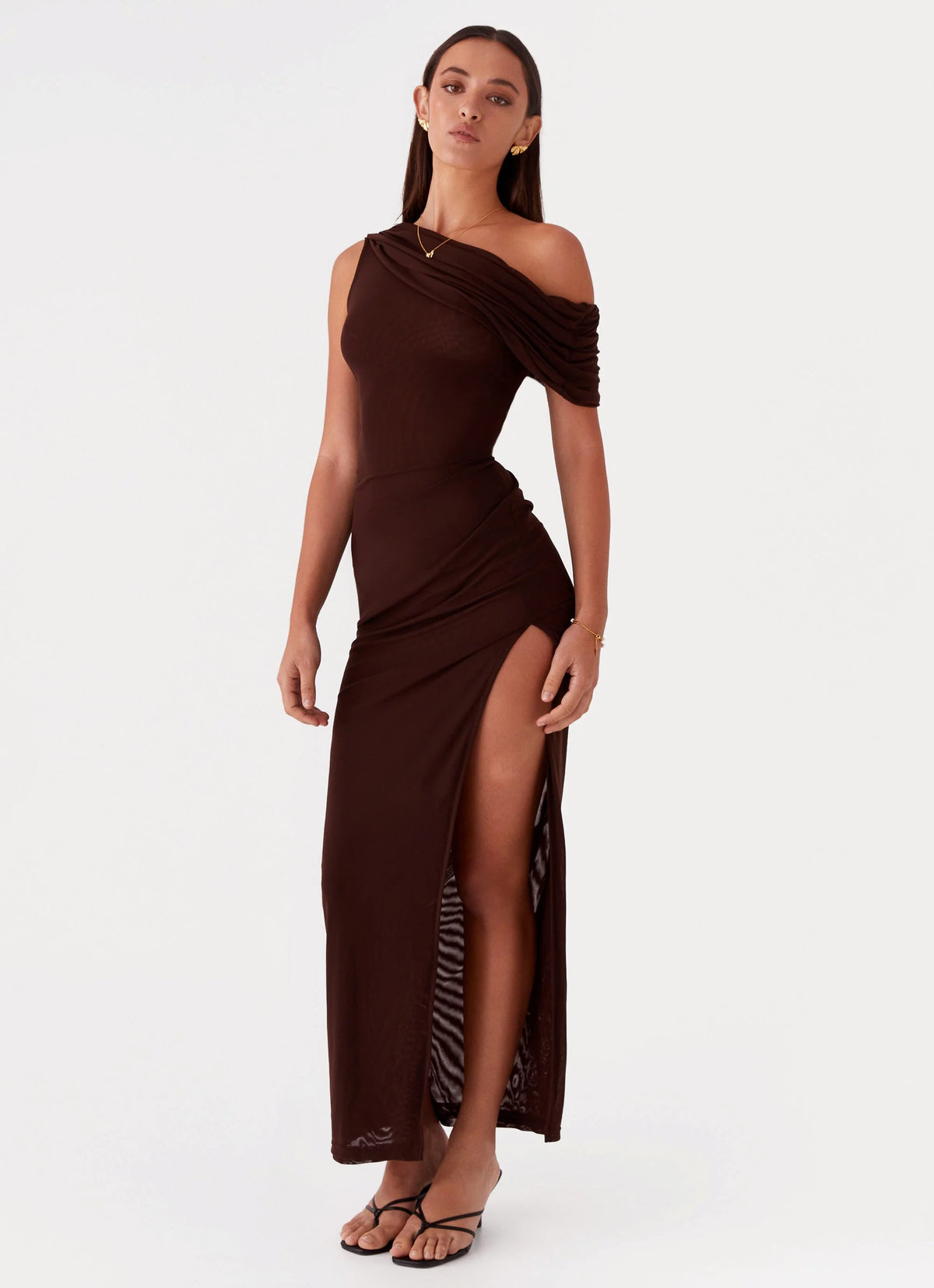 Ciara One Shoulder Draped Maxi Dress - Chocolate