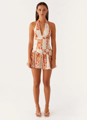 Sunset Ballad Linen Mini Dress - Orange Blue Floral