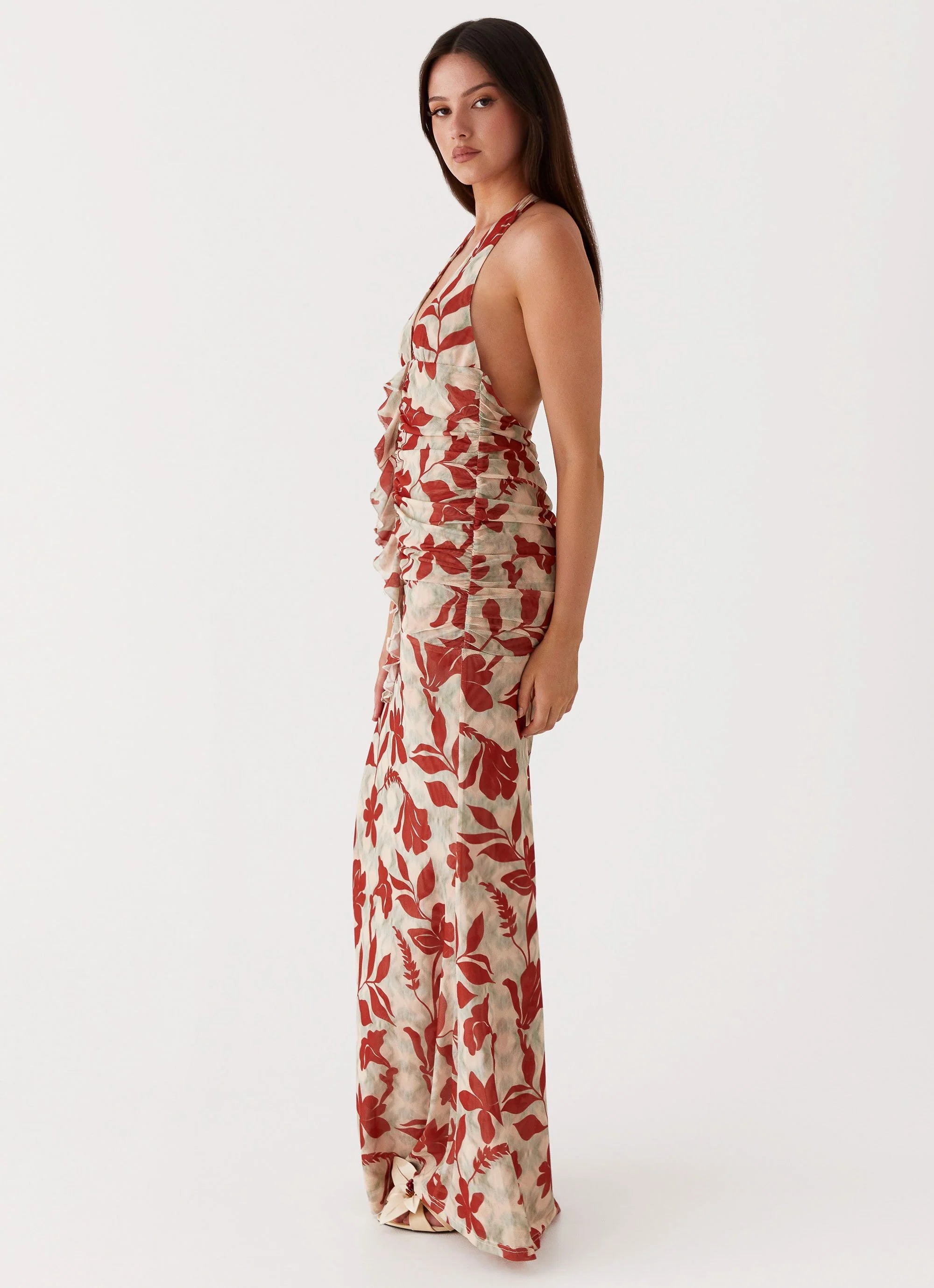 Ardenia Halter Maxi Dress - Red Green Floral