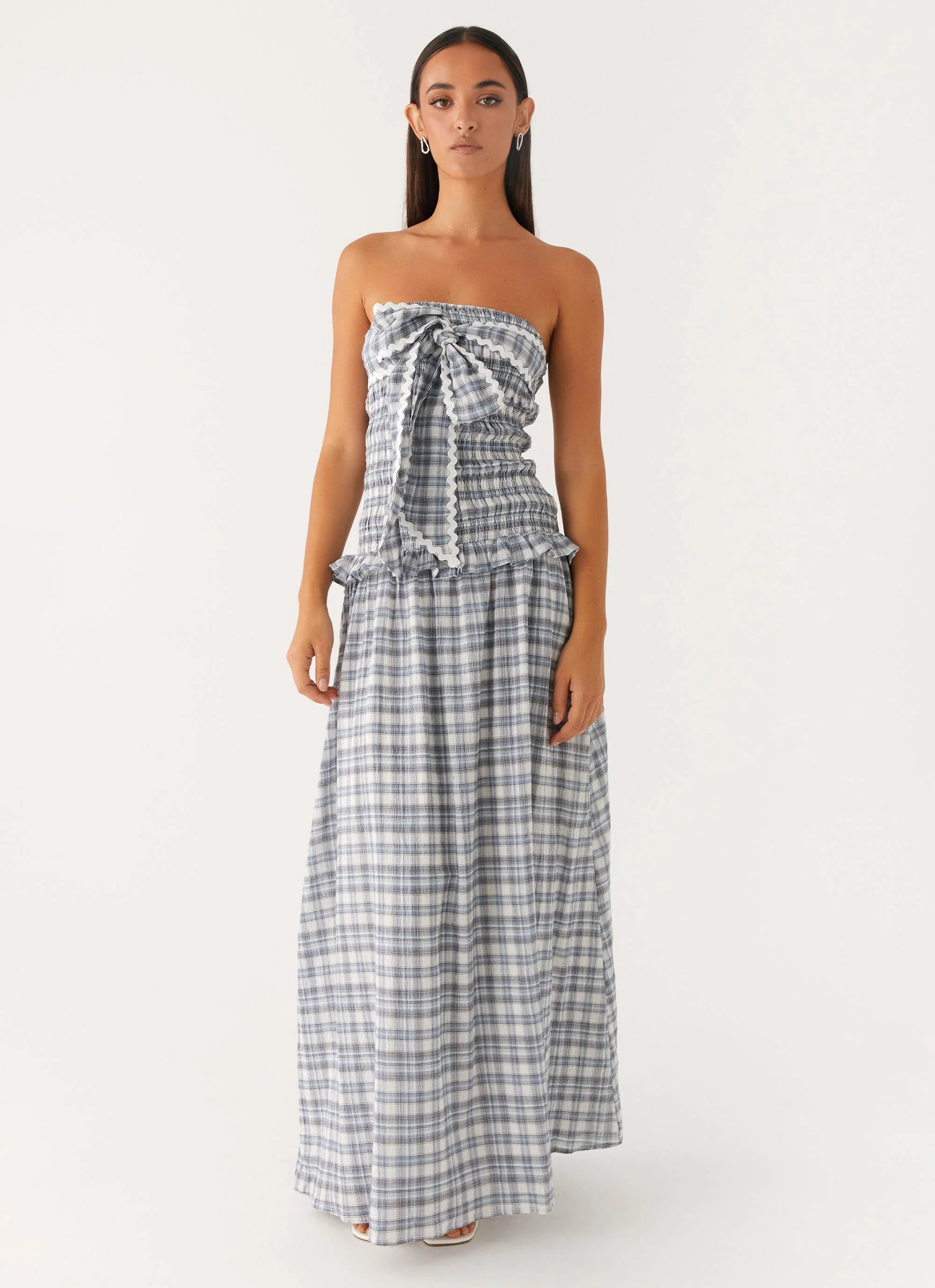 Malia Shirred Maxi Dress - Blue Grey Check