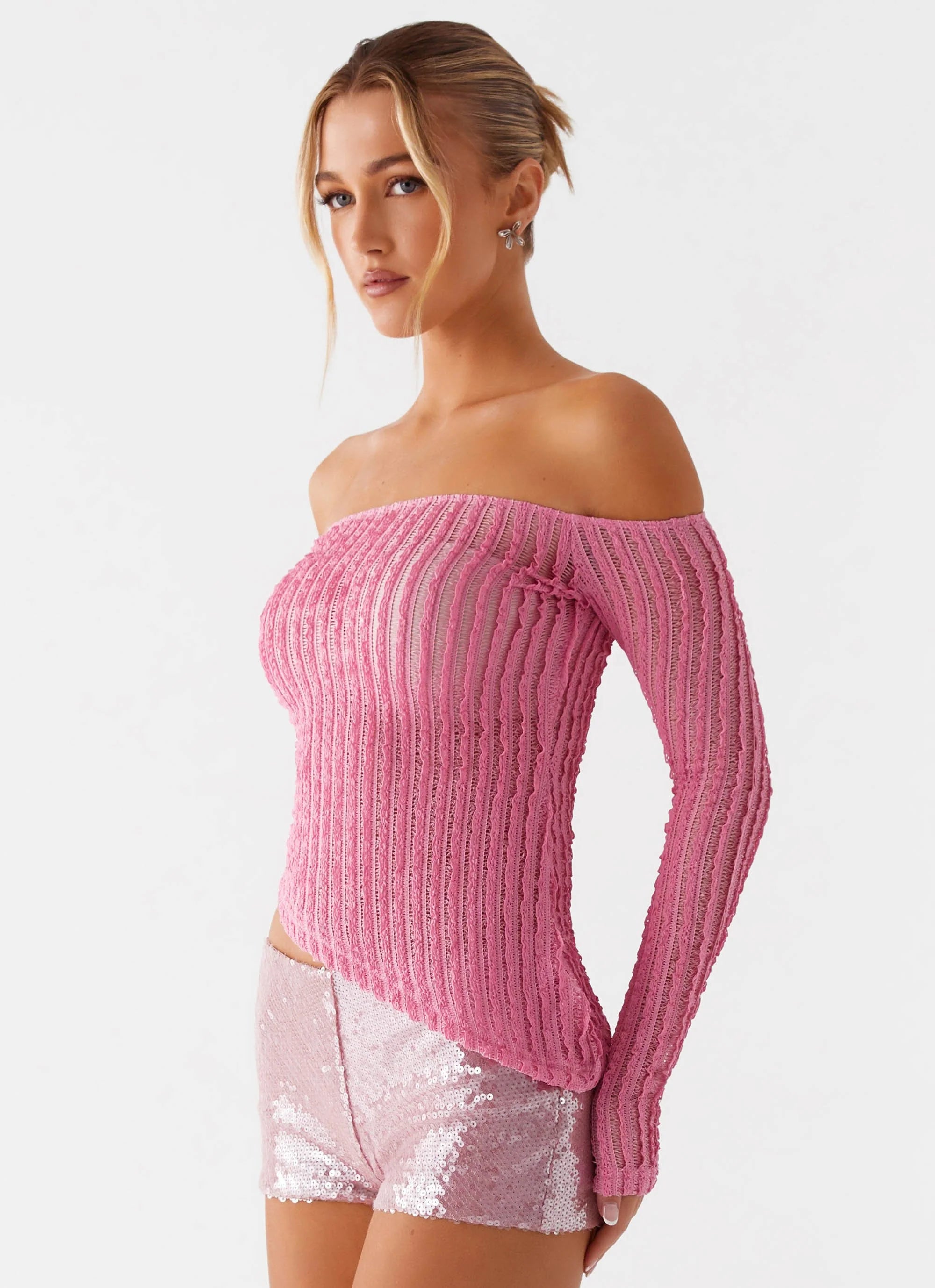 Raquel Off Shoulder Long Sleeve Top - Pink