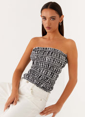 Orion Strapless Ruched Top - Black/White Gingham