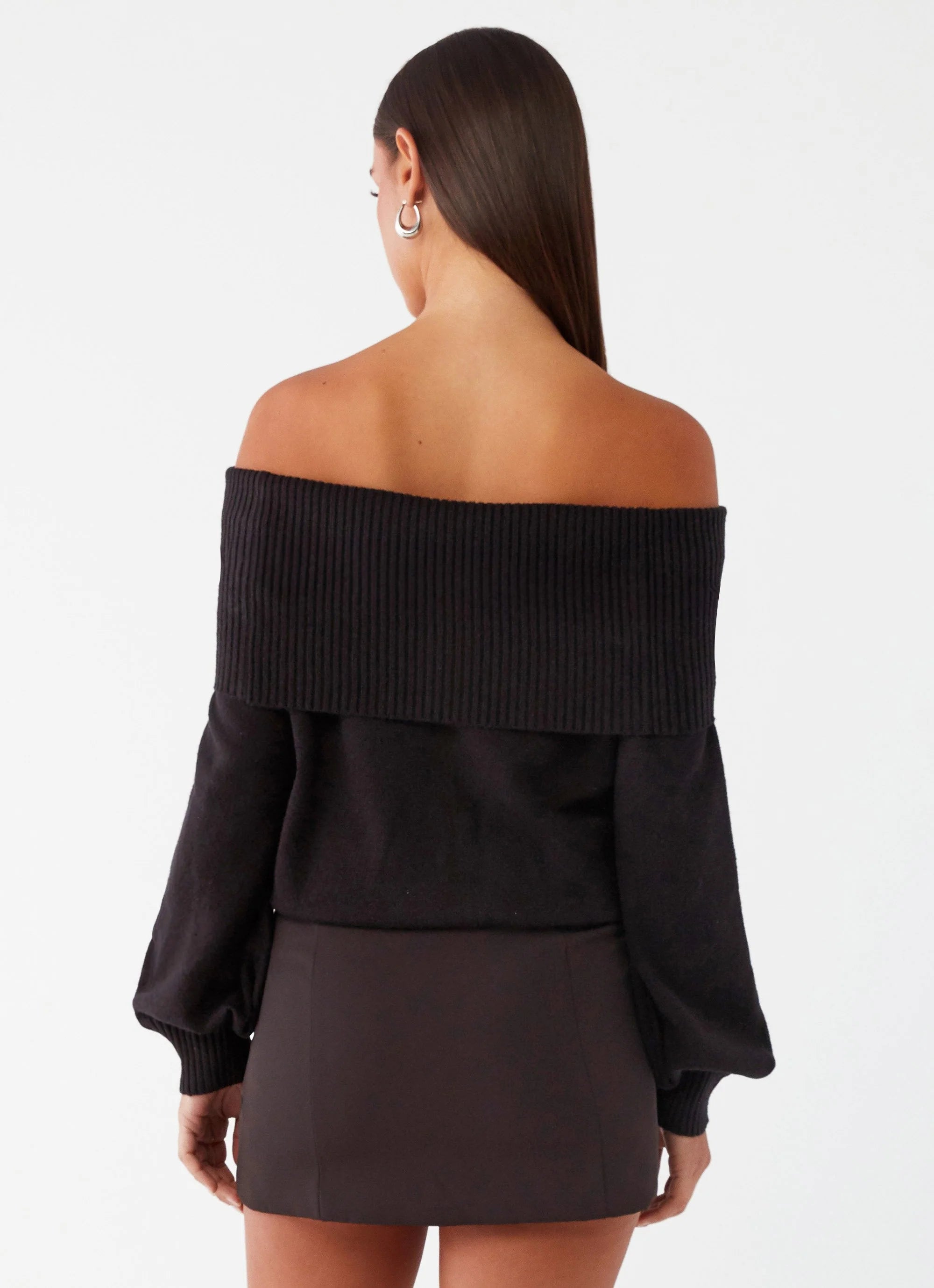 Buckle Up Oversized Bardot Knit Sweater - Black