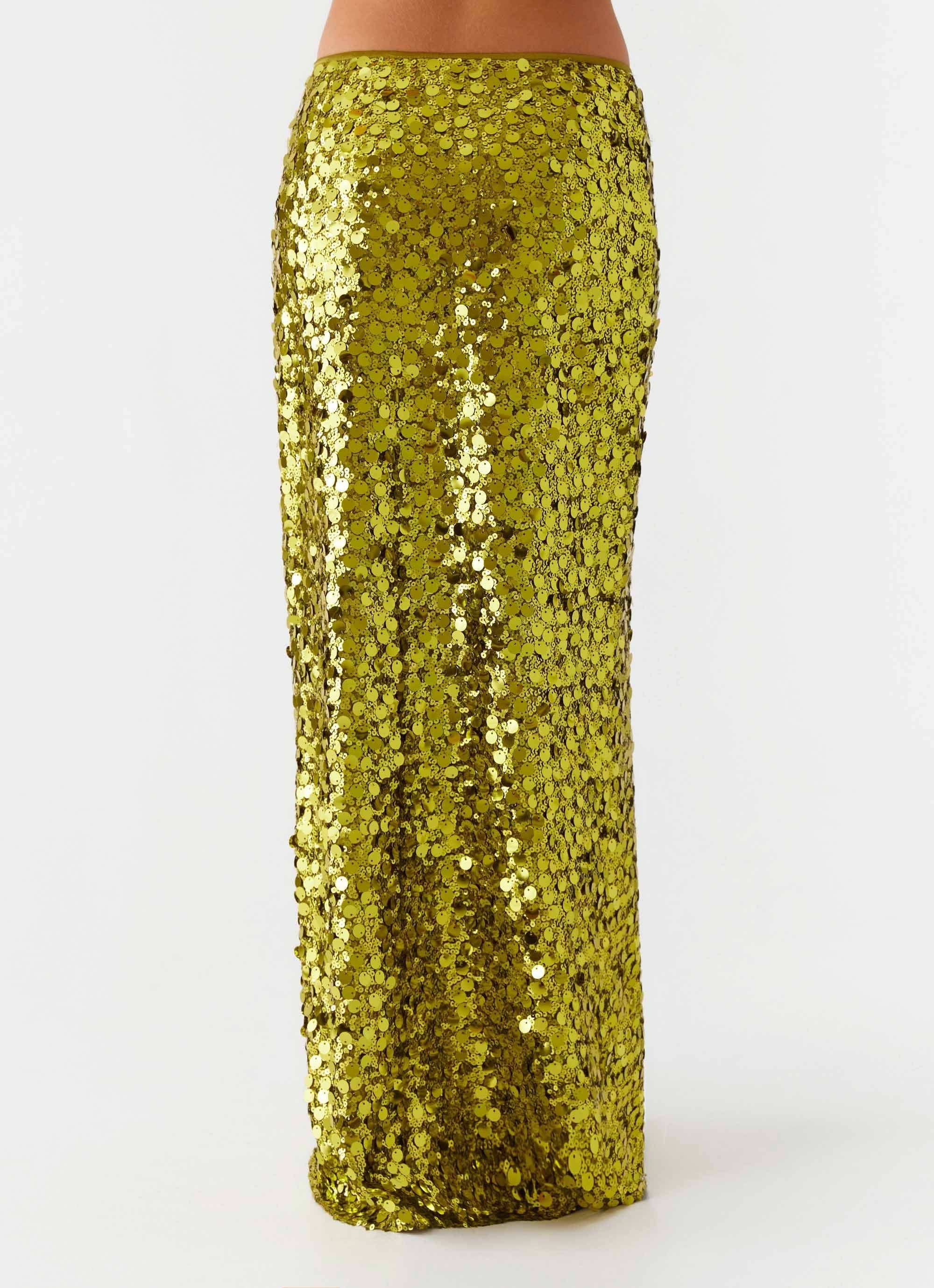 Perfect Places Low Rise Sequin Maxi Skirt - Olive