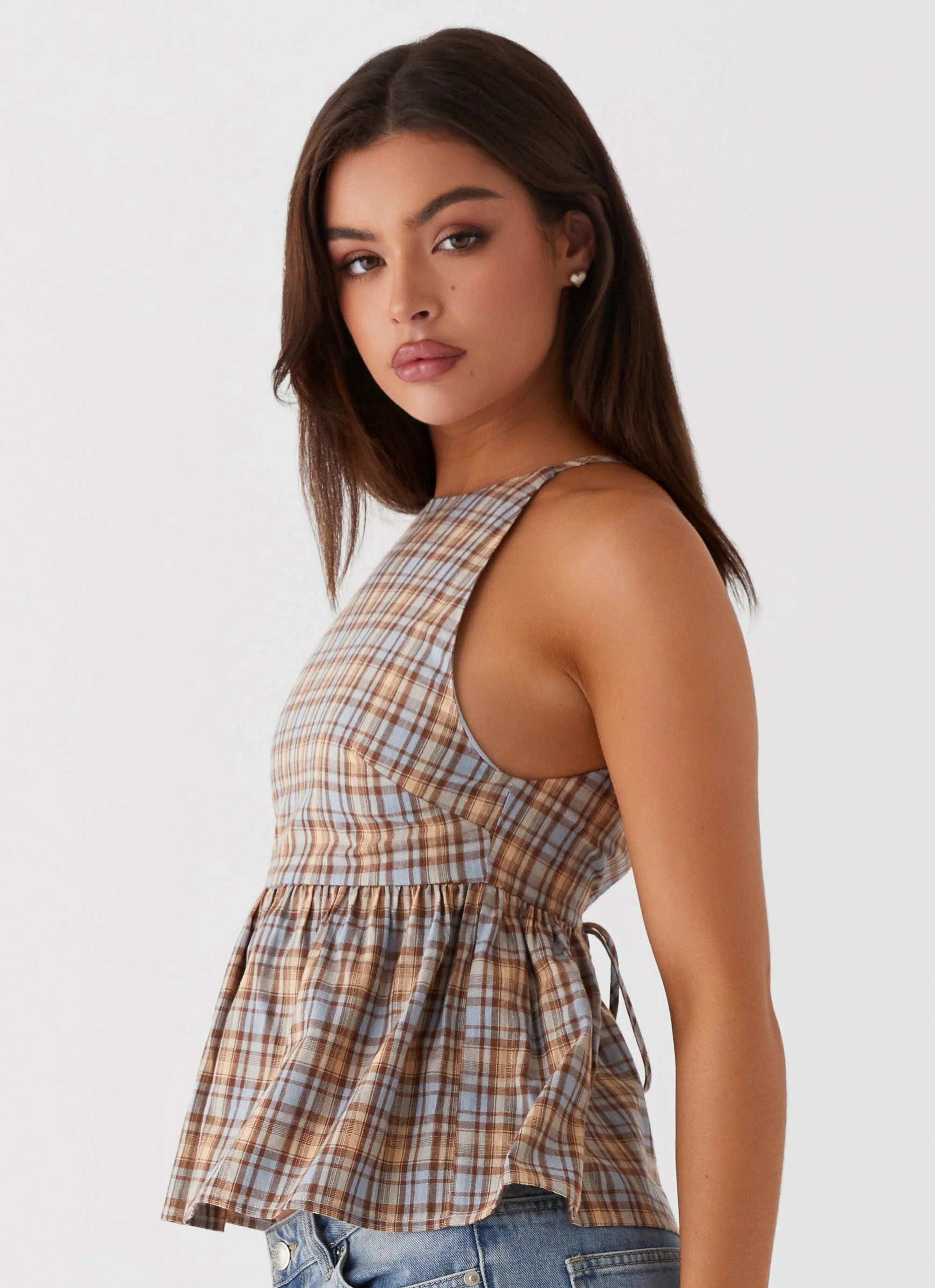 Tanith Ruffle Top - Brown Check