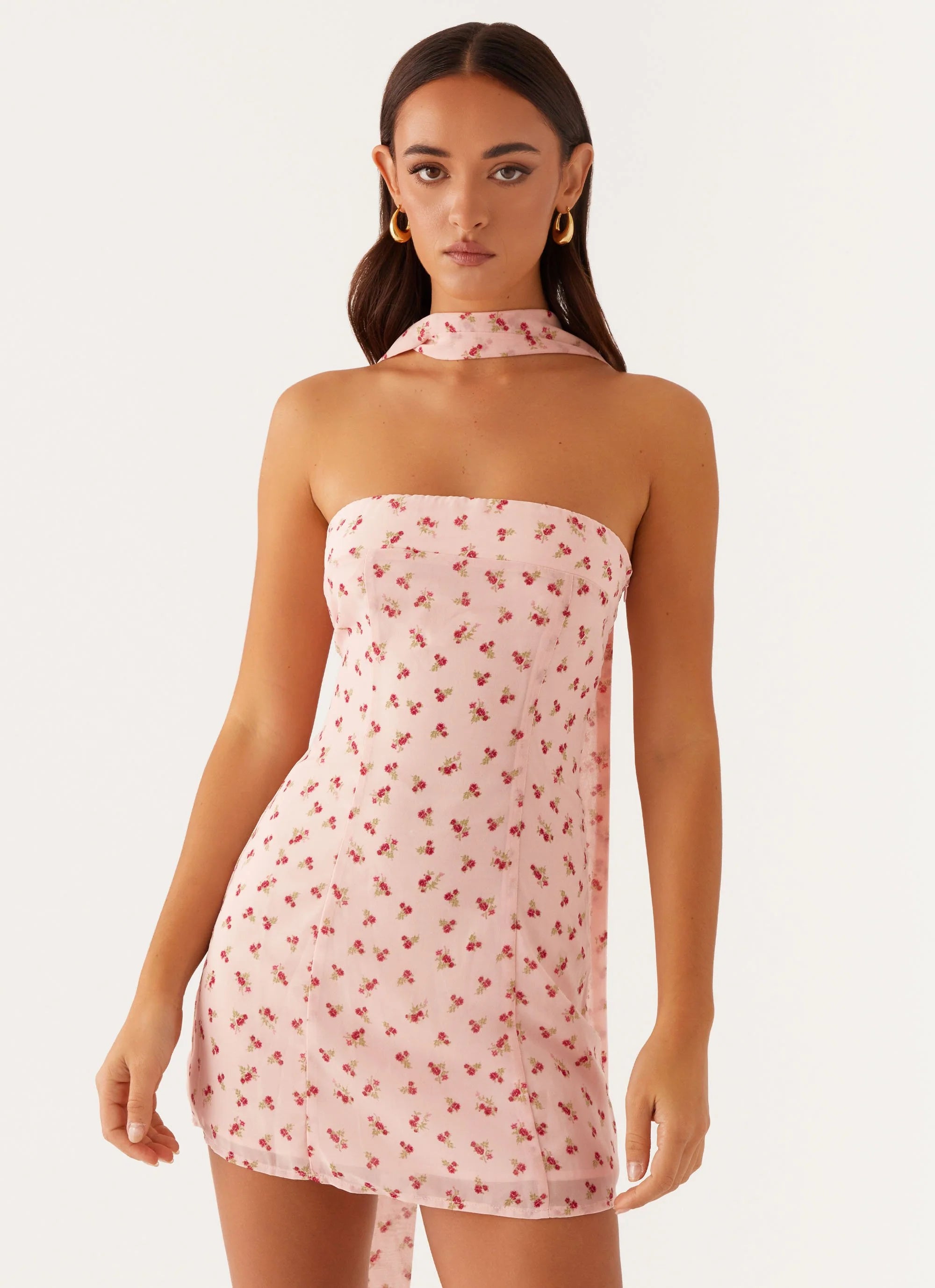 Kiesha Strapless Scarf Mini Dress - Pink Flower