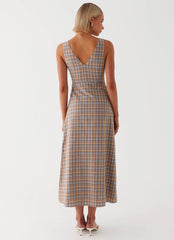 Daphny Gathered Bust Midi Dress - Check