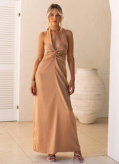 Stay Close Satin Maxi Dress - Bronze Honey