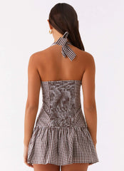 New Look Shirred Halter Mini Dress - Chocolate Gingham