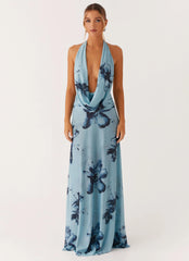 Elysia Mesh Maxi Dress - Blue Black Floral