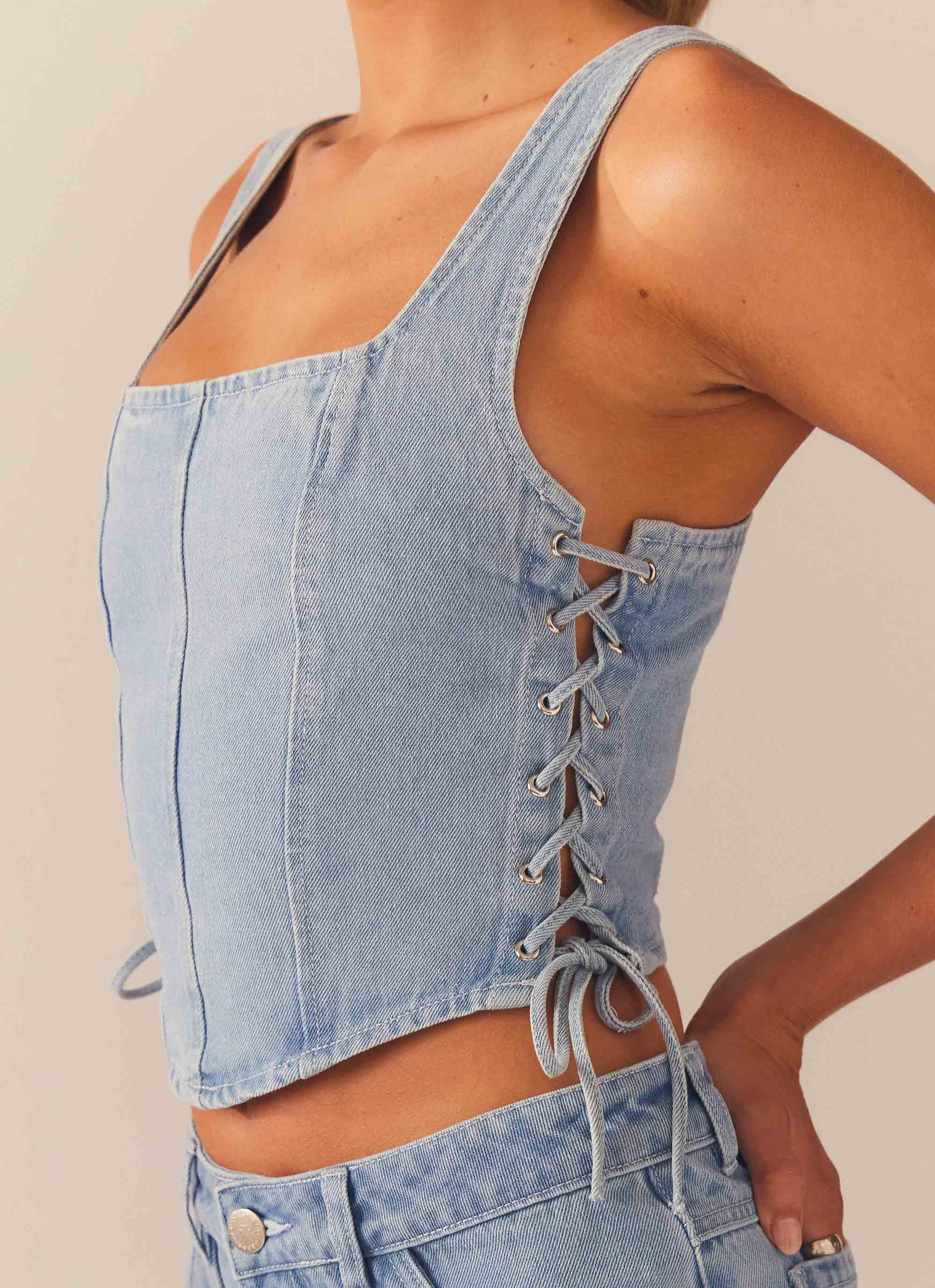 Giddy Up Denim Bustier Top - Subdued Blue