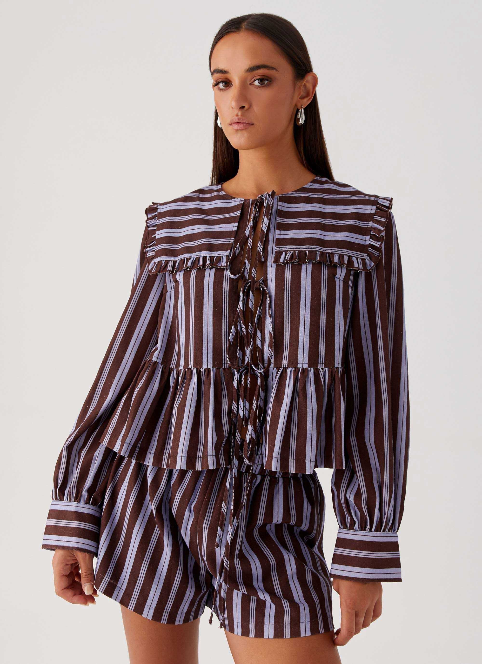 Emerson Tie Front Long Sleeve Top - Purple Brown Stripe