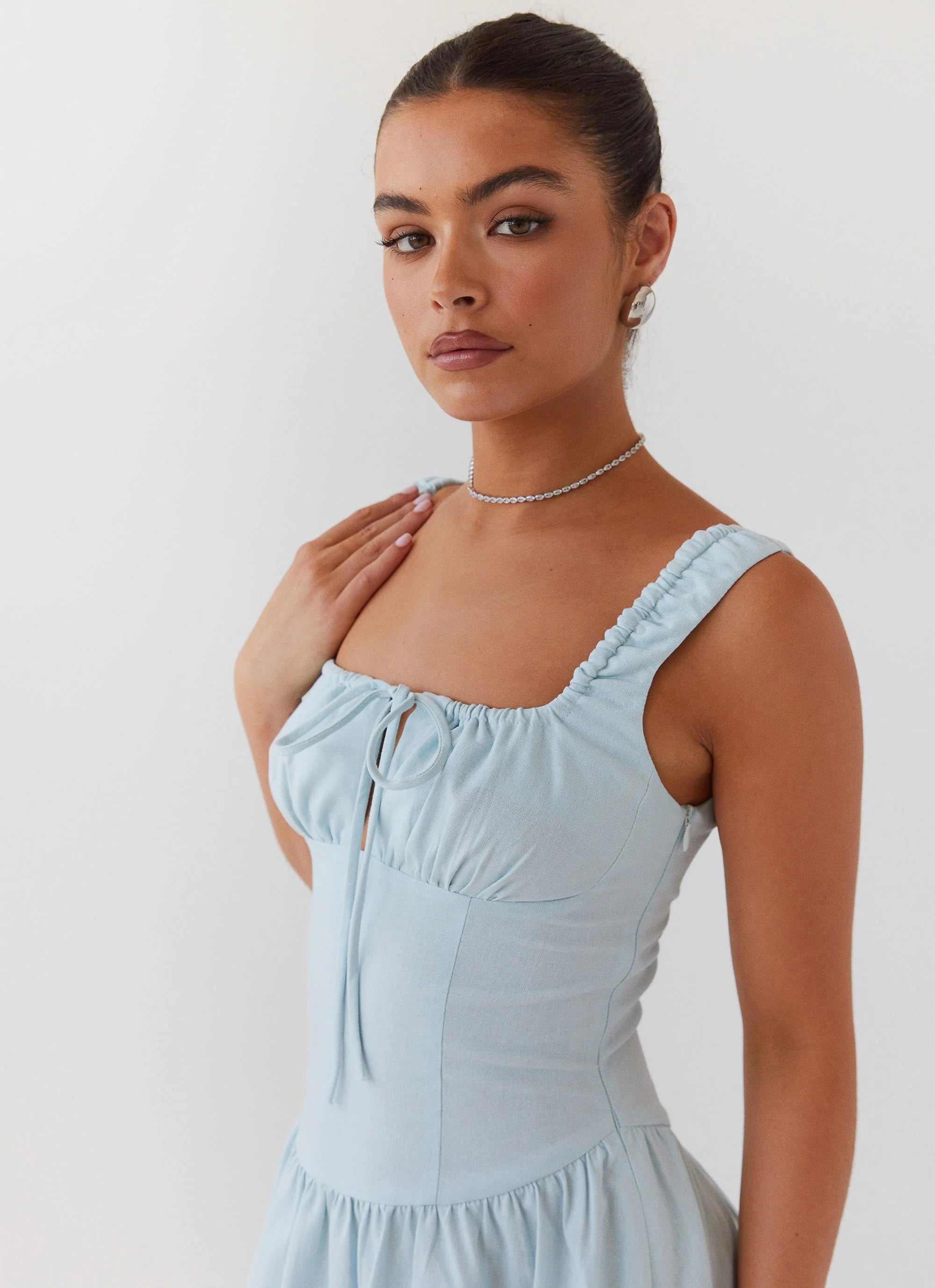 Velvet Skies Linen Mini Dress - Powder Blue